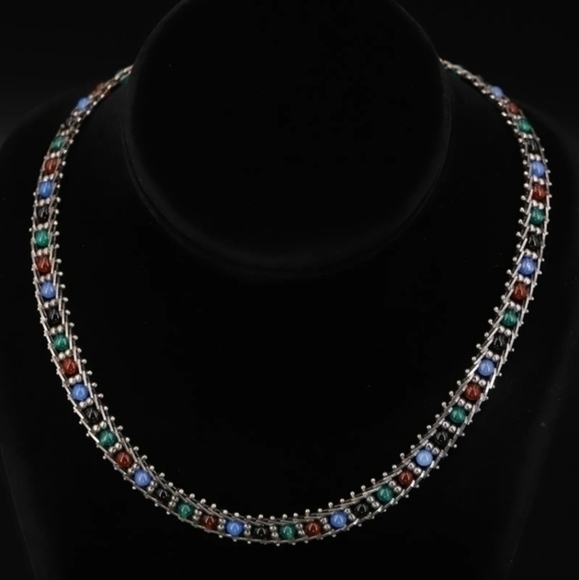 Sterling silver Milor, multicolor glass bead 17" Riccio Chain Necklace 27g. - Picture 1 of 6